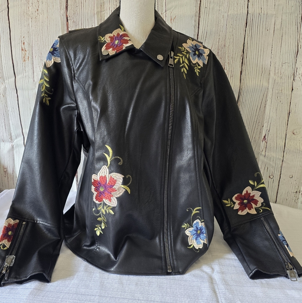 New Dennis Basso Madison Ave Embroider Floral Black Faux Leather Moto Jacket XL - Picture 2 of 14